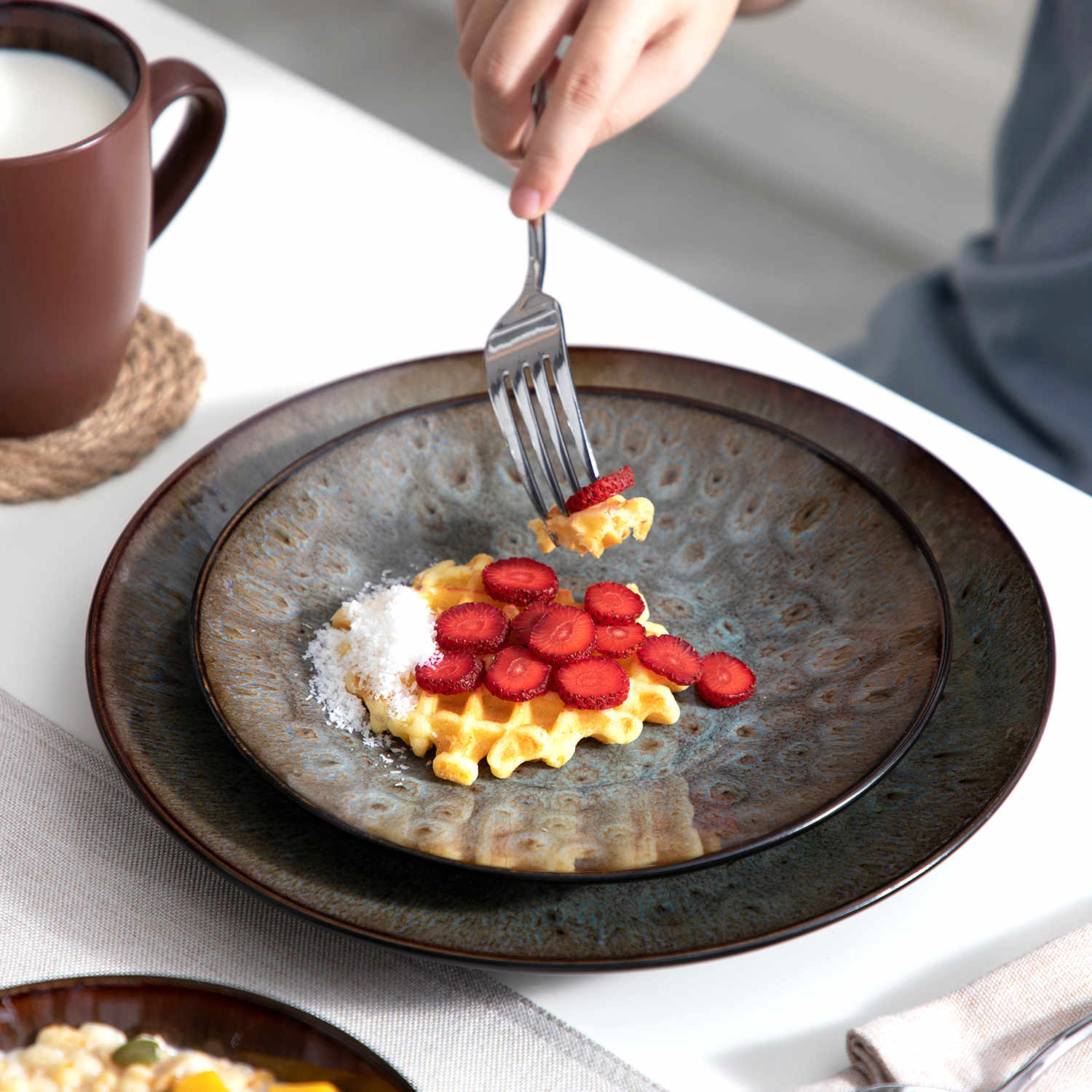Bubble 16 Piece Stoneware Dinnerware Set With A Modern Textured Design - Perfect For Elevating Everyday Meals - Brown