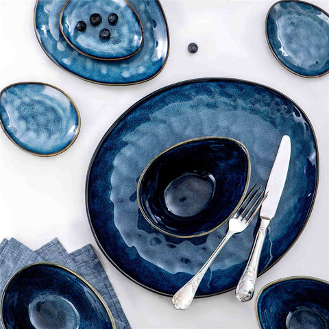 Starry 11-Piece Dinnerware Set with Oval Plates - Bowls - and Serving Dishes in Blue Reactive Glaze-vancasso